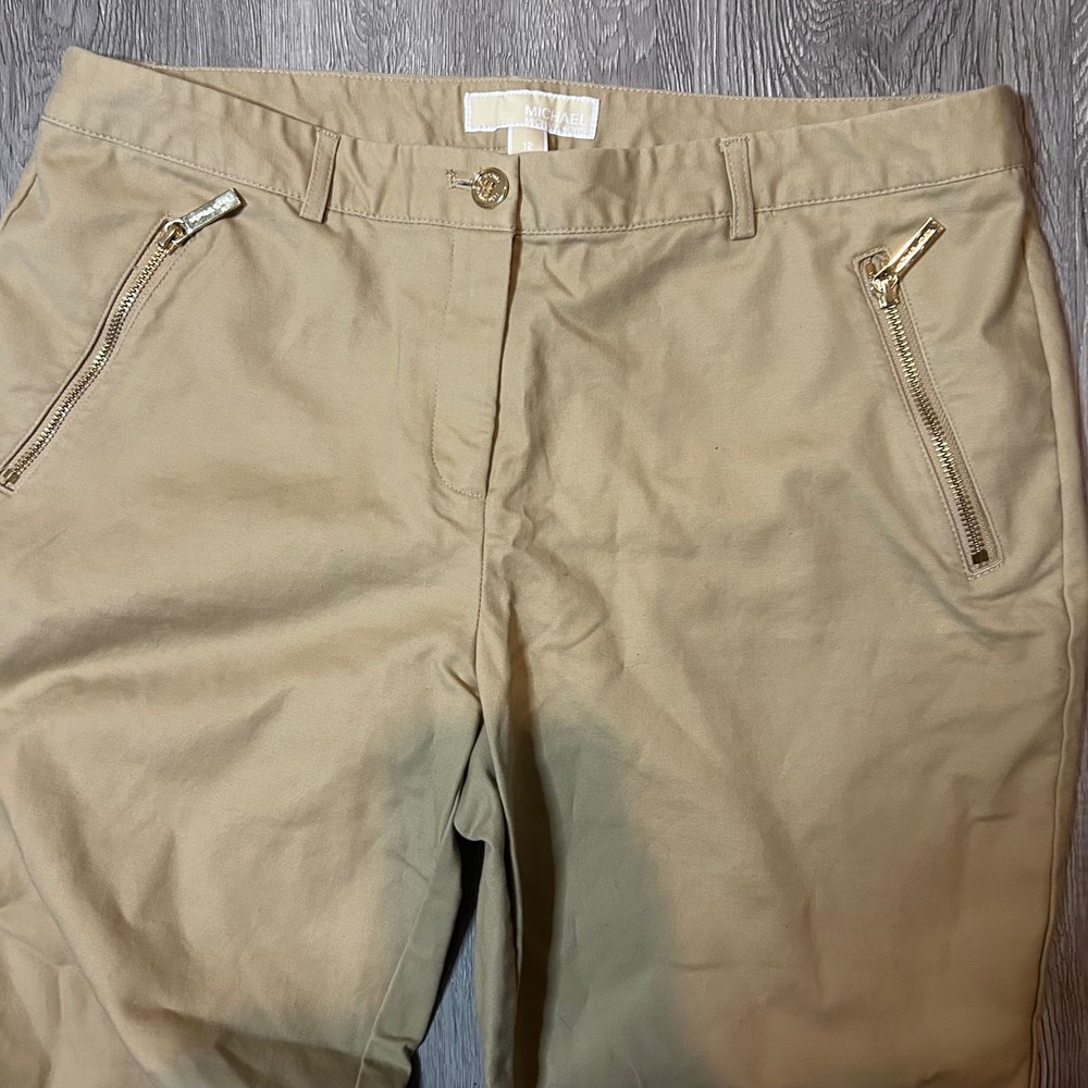 Michael Kors Womens Khaki Chino Pants Zip Pockets Tan Straight Leg Sz 12 Office - Picture 3 of 7